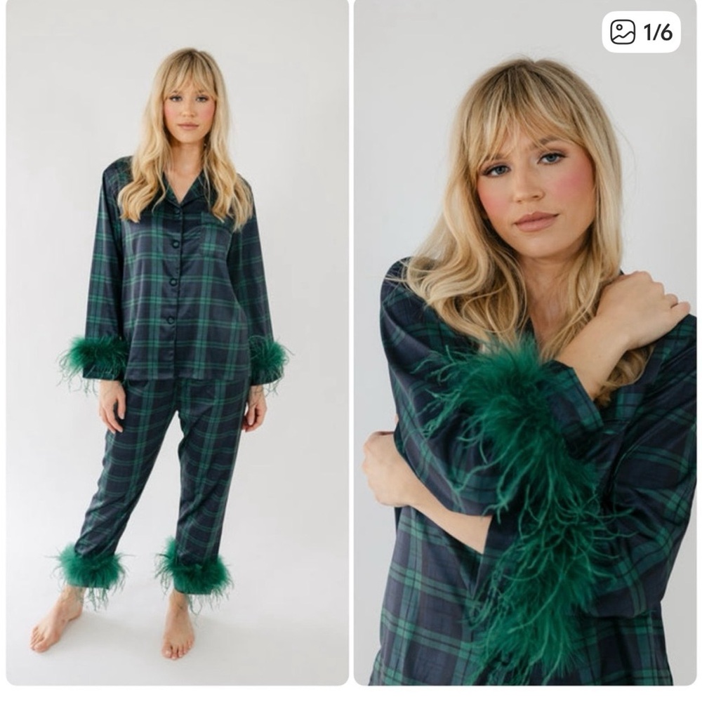 Bon Viviann Plaid Pajama Set with Feather Trim. NWOT